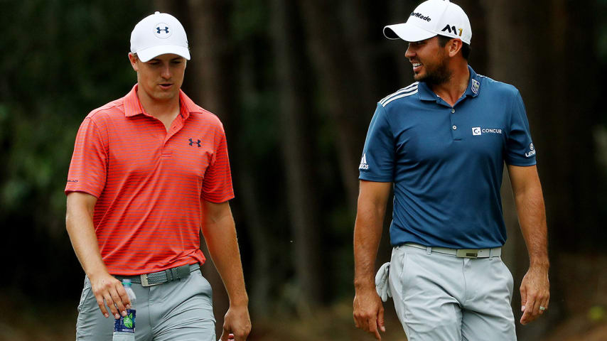 PONTE VEDRA BEACH, FL - MAY 13: Jordan Spieth of the United States (L) and Jason Day of Australia walk together up the tenth fairway during the second round of THE PLAYERS Championship at the Stadium course at TPC Sawgrass on May 13, 2016 in Ponte Vedra Beach, Florida. (Photo by Mike Ehrmann/Getty Images)