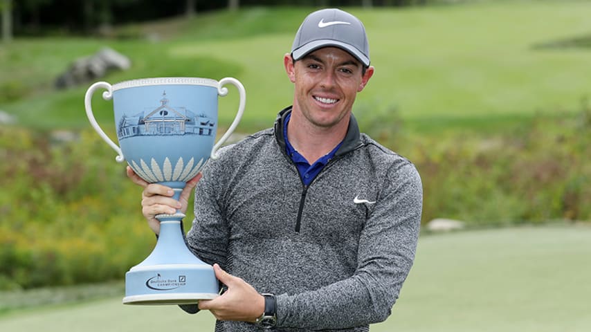 NORTON, MA - SEPTEMBER 05:  Rory McIlroy of Northern Ireland poses with the trophy during the final round of the Deutsche Bank Championship at TPC Boston on September 5, 2016 in Norton, Massachusetts.  (Photo by David Cannon/Getty Images)