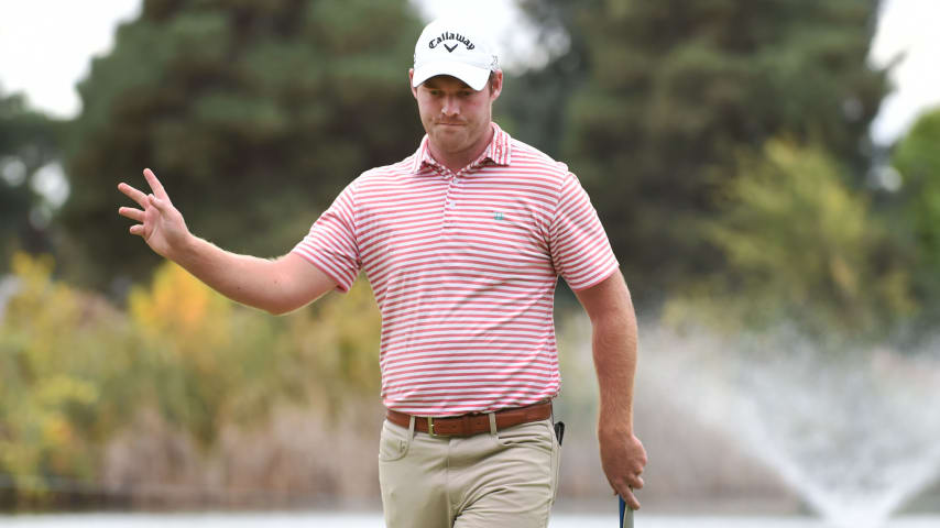 BOISE, ID - SEPTEMBER 18: Grayson Murray acknowledges the gallery after sinking his putt on the first hole during the final round of the Albertsons Boise Open at Hillcrest Country Club on September 18, 2016 in Boise, Idaho. (Photo by Steve Dykes/Getty Images)