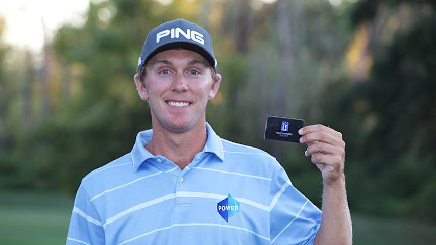 NORTH PLAINS, OR - AUGUST 28: holds up his PGA tour card after the final round of the WinCo Foods Portland Open on August 28, 2016 in North Plains, Oregon. (Photo by Steve Dykes/Getty Images) *** Local Caption *** J