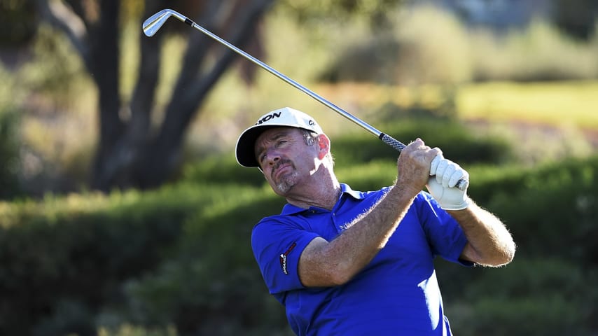 LAS VEGAS, NV - NOVEMBER 04:  Rod Pampling of Australia plays his shot from the eighth tee during the second round of the Shriners Hospitals For Children Open on November 4, 2016 in Las Vegas, Nevada.  (Photo by Steve Dykes/Getty Images)