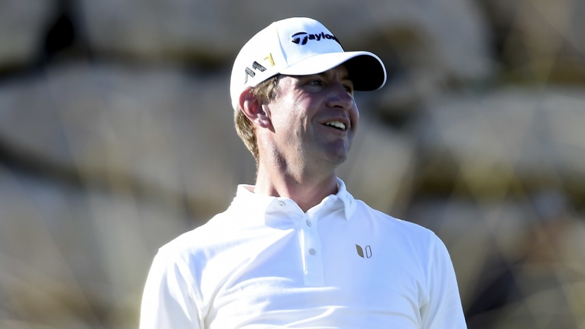 LAS VEGAS, NV - NOVEMBER 05:  Lucas Glover of the United States reacts plays his shot from the 17th tee during the third round of the Shriners Hospitals For Children Open on November 5, 2016 in Las Vegas, Nevada.  (Photo by Steve Dykes/Getty Images)