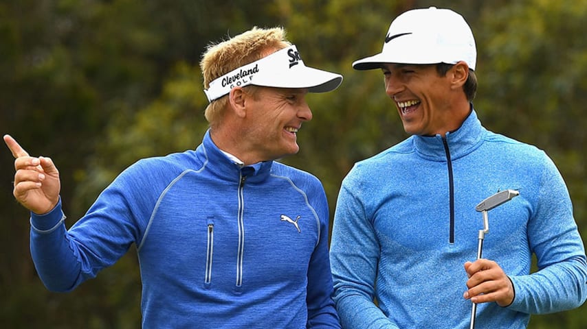 MELBOURNE, AUSTRALIA - NOVEMBER 25:  Soren Kjeldsen and Thorbjorn Olesen of Denmark celebrate a birdie during day two of the World Cup of Golf at Kingston Heath Golf Club on November 25, 2016 in Melbourne, Australia.  (Photo by Quinn Rooney/Getty Images)