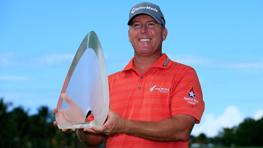 RIO GRANDE, PUERTO RICO - MARCH 26:  D.A. Points holds the trophy after winning the Puerto Rico Open at Coco Beach on March 26, 2017 in Rio Grande, Puerto Rico.  (Photo by Michael Cohen/Getty Images)