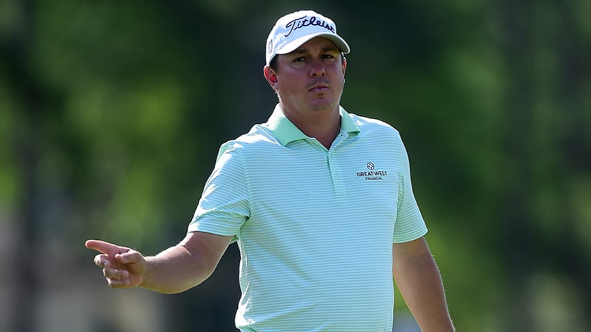 HILTON HEAD ISLAND, SC - APRIL 14:  Jason Dufner reacts after making his birdie putt on the ninth green during the second round of the 2017 RBC Heritage at Harbour Town Golf Links on April 14, 2017 in Hilton Head Island, South Carolina.  (Photo by Jared C. Tilton/Getty Images)