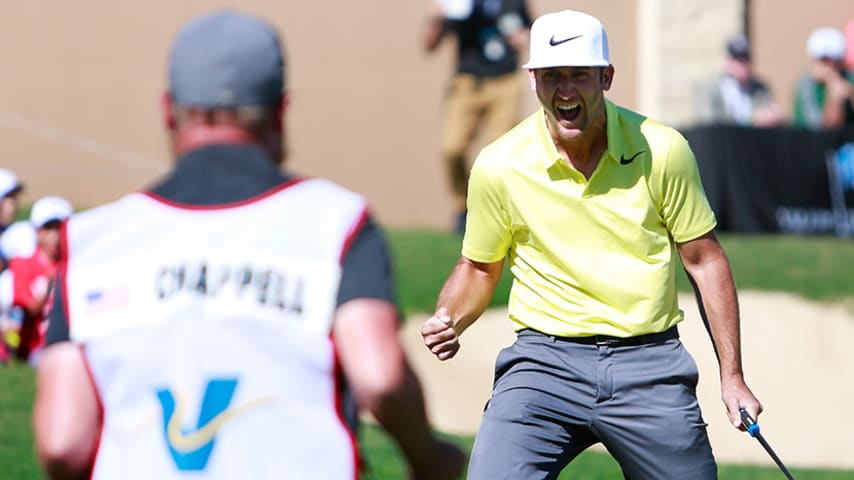 SAN ANTONIO, TX - APRIL 23:  Kevin Chappell celebrates after putting in to win on the 18th green during the final round of the Valero Texas Open at TPC San Antonio AT&T Oaks Course on April 23, 2017 in San Antonio, Texas.  (Photo by Marianna Massey/Getty Images)