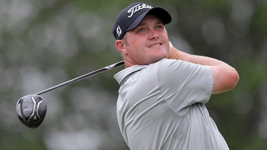 IRVING, TX - MAY 19:  Jason Kokrak plays his shot from the 18th tee during Round Two of the AT&T Byron Nelson at the TPC Four Seasons Resort Las Colinas on May 19, 2017 in Irving, Texas.  (Photo by Drew Hallowell/Getty Images)