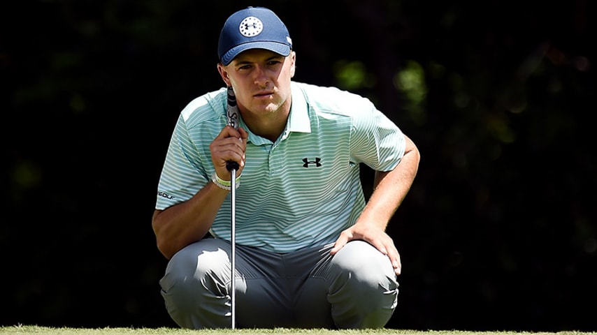 FORT WORTH, TX - MAY 26:  Jordan Spieth lines up a putt on the fifth green during Round Two of the DEAN & DELUCA Invitational at Colonial Country Club on May 26, 2017 in Fort Worth, Texas.  (Photo by Stacy Revere/Getty Images)