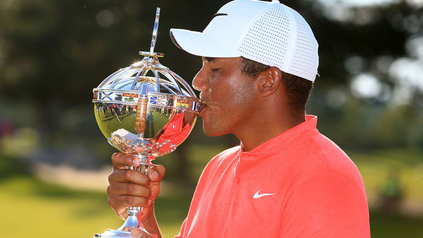 OAKVILLE, ON - JULY 30:  Jhonattan Vegas of Venezuela poses with the trophy following the final round of the RBC Canadian Open at Glen Abbey Golf Club on July 30, 2017 in Oakville, Canada.  (Photo by Vaughn Ridley/Getty Images)