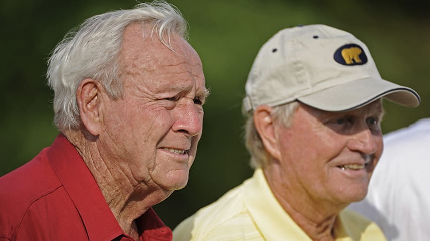 BRISTOL, VA - JUNE 8:  BRISTOL, VA - JUNE 8: Arnold Palmer and Jack Nicklaus attend The Big Three fund-raiser for the Mountain Mission Kids at the Olde Farm Golf Club on June 8, 2010 in Bristol, Virginia. The fund-raiser is expected to be the biggest one-day charitable event in golf history.  (Photo by Chris Condon/PGA TOUR)