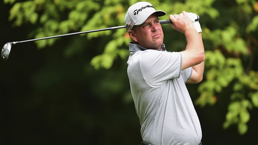 GREENSBORO, NC - AUGUST 20:  Matt Bettencourt tees off on the 2nd hole during the first round of the Wyndham Championship at Sedgefield Country Club on August 20, 2015 in Greensboro, North Carolina.  (Photo by Jared C. Tilton/Getty Images)