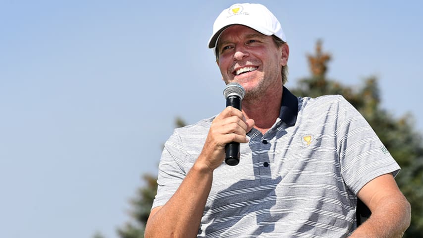 JERSEY CITY, NJ - AUGUST 21: Captain Steve Stricker of the United States Presidents Cup Team replies to questions during the Presidents Cup media day at Liberty National Golf Club, host course of the 2017 Presidents Cup in Jersey City, New Jersey on August 21, 2017. (Photo by Stan Badz/PGA TOUR)