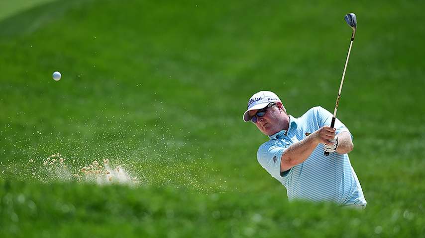 WHITE SULPHUR SPRINGS, WV - JULY 07:  Brad Fritsch of Canada chips out of the sand on the 15th hole during round two of The Greenbrier Classic held at the Old White TPC on July 7, 2017 in White Sulphur Springs, West Virginia.  (Photo by Jared C. Tilton/Getty Images)