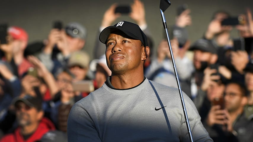 PACIFIC PALISADES, CA - FEBRUARY 15: Tiger Woods plays a tee shot on the tenth hole during the first round of the Genesis Open at Riviera Country Club on February 15, 2018 in Pacific Palisades, California. (Photo by Stan Badz/PGA TOUR)