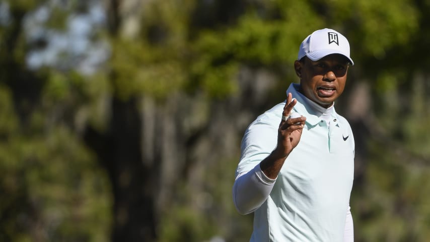 PALM HARBOR, FL - MARCH 09: Tiger Woods acknowledges the crowd on the 16th hole during the second round of the Valspar Championship at Innisbrook Resort (Copperhead) on March 9, 2018 in Palm Harbor, Florida. (Photo by Ryan Young/PGA TOUR)