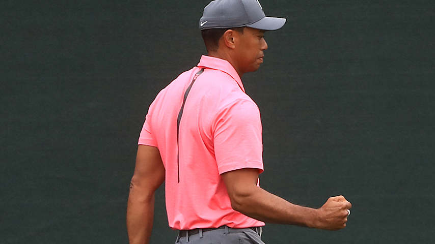 PALM HARBOR, FL - MARCH 10:  Tiger Woods reacts after a birdie on the ninth hole during the third round of the Valspar Championship at Innisbrook Resort Copperhead Course on March 10, 2018 in Palm Harbor, Florida.  (Photo by Sam Greenwood/Getty Images)