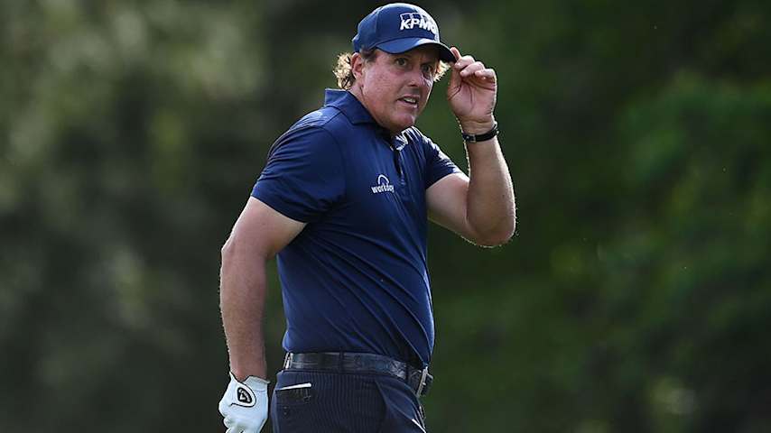 HUMBLE, TX - MARCH 29:  Phil Mickelson waves to the crowd on the ninth tee during the first round of the Houston Open at the Golf Club of Houston on March 29, 2018 in Humble, Texas.  (Photo by Stacy Revere/Getty Images)