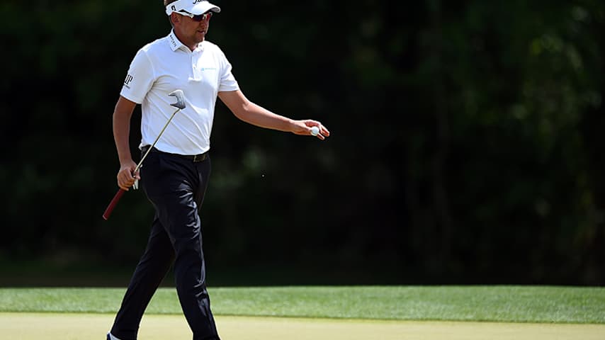 HUMBLE, TX - APRIL 01:  Ian Poulter of England acknowledges the gallery after making a putt on the third green during the final round of the Houston Open at the Golf Club of Houston on April 1, 2018 in Humble, Texas.  (Photo by Josh Hedges/Getty Images)