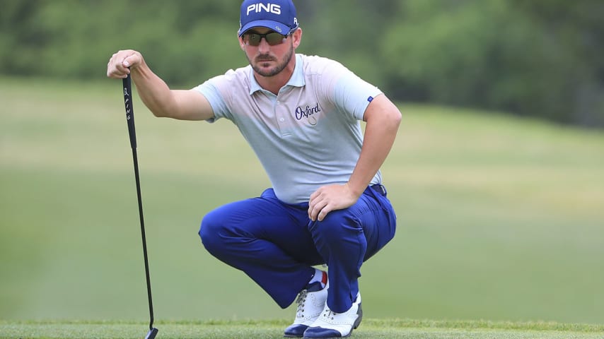SAN ANTONIO, TX - APRIL 21:  Andrew Landry looks over a putt on the 17th hole during the third round of the Valero Texas Open at TPC San Antonio AT&T Oaks Course on April 19, 2018 in San Antonio, Texas.  (Photo by Tom Pennington/Getty Images)