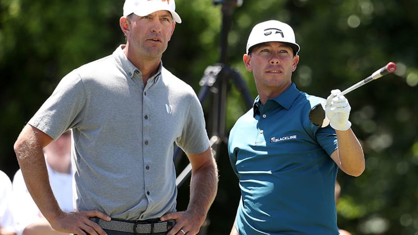 AVONDALE, LA - APRIL 26:  Lucas Glover and  Chez Reavie prepare to tee off  during the first round of the Zurich Classic at TPC Louisiana on April 26, 2018 in Avondale, Louisiana.  (Photo by Rob Carr/Getty Images)