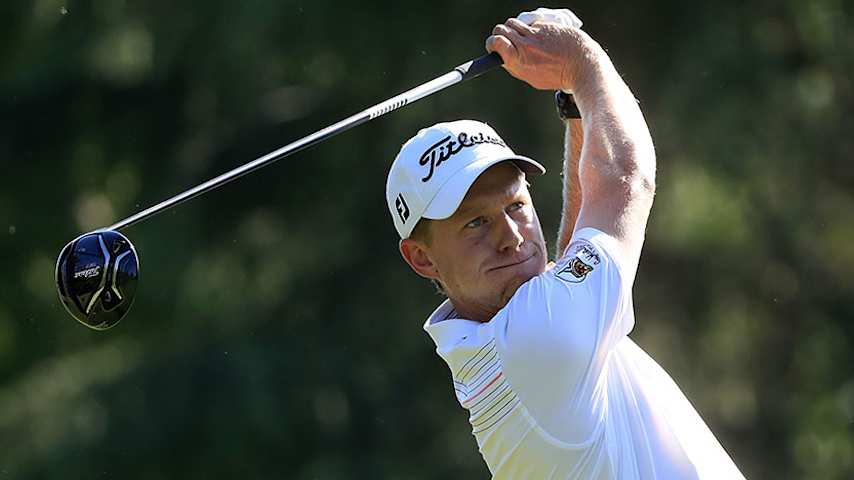CHARLOTTE, NC - MAY 04:  Peter Malnati plays his tee shot on the ninth hole during the second round of the 2018 Wells Fargo Championship at Quail Hollow Club on May 4, 2018 in Charlotte, North Carolina.  (Photo by Sam Greenwood/Getty Images)