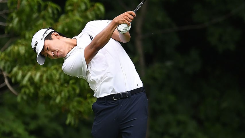 SILVIS, IL - JULY 14:  Michael Kim hits his tee shot on the second hole during the third round of the John Deere Classic at TPC Deere Run on July 14, 2018 in Silvis, Illinois.  (Photo by Stacy Revere/Getty Images)