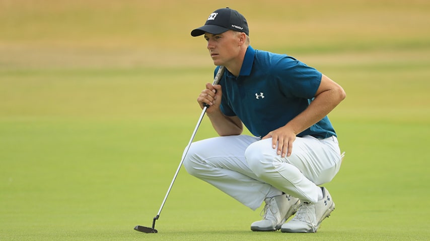 CARNOUSTIE, SCOTLAND - JULY 21: Jordan Spieth of the United States lines up a putt on the 18th green during the third round of the 147th Open Championship at Carnoustie Golf Club on July 21, 2018 in Carnoustie, Scotland. (Photo by Andrew Redington/Getty Images)