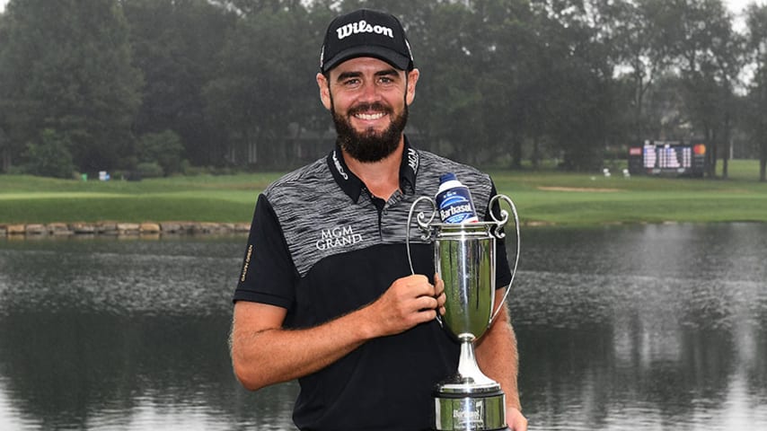 LEXINGTON, KY - JULY 23:  Troy Merritt poses with the winner's trophy after winning the Barbasol Championship at Keene Trace Golf Club on July 23, 2018 in Lexington, Kentucky.  (Photo by Stacy Revere/Getty Images)