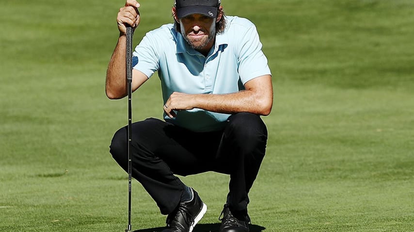 RENO, NV - AUGUST 02: Aaron Baddeley of Australia lines up a putt on the fifth hole during the first round of the Barracuda Championship at Montreux Country Club on August 2, 2018 in Reno, Nevada.  (Photo by Marianna Massey/Getty Images)