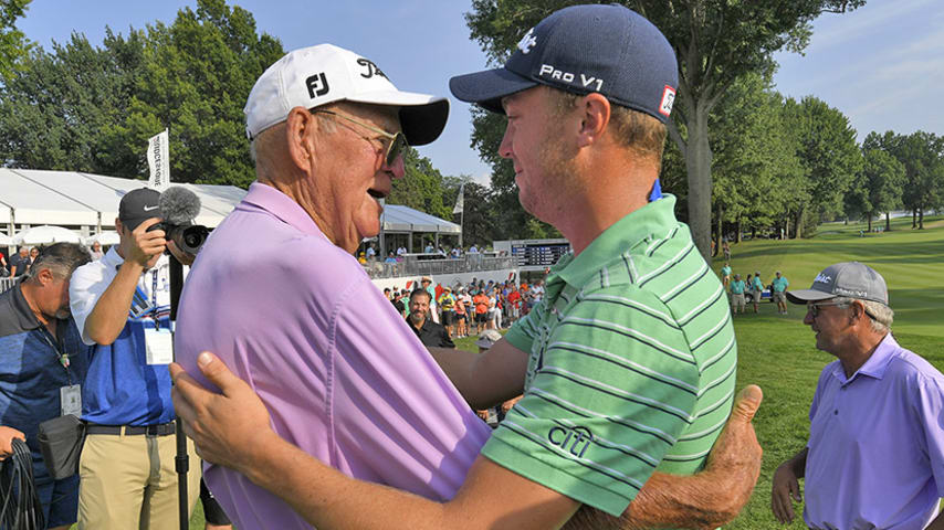 AKRON, OH - AUGUST 05: Justin Thomas gives his grandfather Paul Thomas a hug after winning the World Golf Championships-Bridgestone Invitational at Firestone Country Club on August 5, 2018 in Akron, Ohio. (Photo by Stan Badz/PGA TOUR)