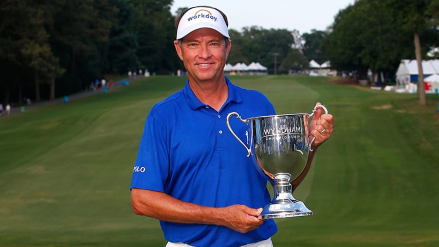 GREENSBORO, NC - AUGUST 23:  Davis Love III poses with the Sam Snead Cup after winning the Wyndham Championship at Sedgefield Country Club on August 23, 2015 in Greensboro, North Carolina.  (Photo by Kevin C. Cox/Getty Images)