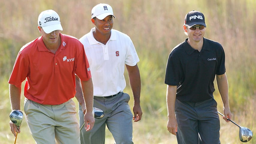 NORTON, MA - SEPTEMBER 5:  (L-R) Steve Stricker, Tiger Woods and Heath Slocum shat during the second round of the Deutsche Bank Championship held at TPC Boston on September 5, 2009 in Norton, Massachusetts. (Photo by Jim Rogash/Getty Images)