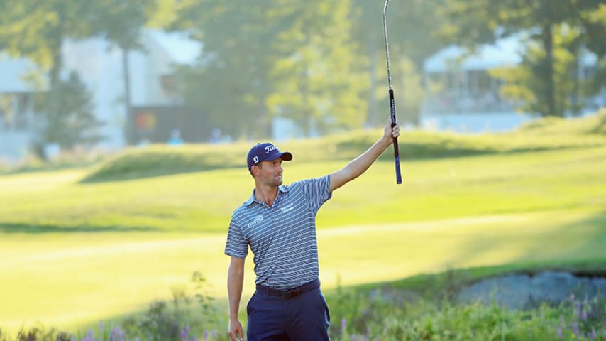 NORTON, MA - SEPTEMBER 01:  Webb Simpson of the United States reacts after making a putt for eagle on the 18th green during round two of the Dell Technologies Championship at TPC Boston on September 1, 2018 in Norton, Massachusetts.  (Photo by Andrew Redington/Getty Images)