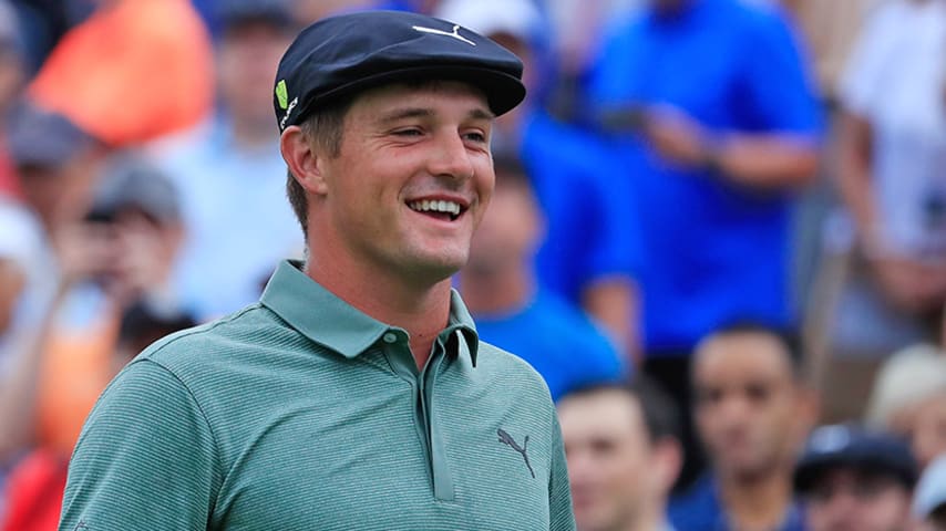 NEWTOWN SQUARE, PA - SEPTEMBER 07:  Bryson DeChambeau of the United States reacts on the first tee during the second round of the BMW Championship at Aronimink Golf Club on September 7, 2018 in Newtown Square, Pennsylvania.  (Photo by Cliff Hawkins/Getty Images)