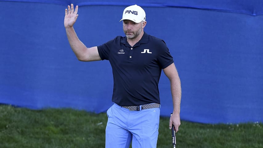 BOISE, ID - SEPTEMBER 13:  David Skinns reacts after sinking his birdie putt on the 18th hole to take the lead during the first round of the Albertsons Boise Open on September 13, 2018 in Boise, Idaho.  (Photo by Steve Dykes/Getty Images)