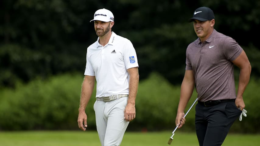 PARAMUS, NJ - AUGUST 24: Dustin Johnson and Brooks Koepka at the second hole during the second round of THE NORTHERN TRUST at Ridgewood Country Club on August 24, 2018 in Paramus, New Jersey. (Photo by Tracy Wilcox/PGA TOUR)