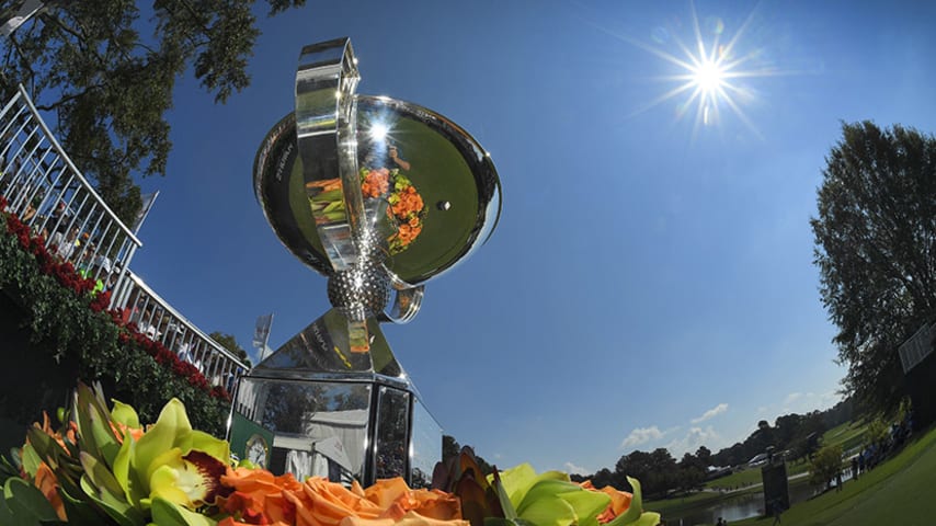 ATLANTA, GA - SEPTEMBER 23: The FedExCup Trophy is displayed on the first hole during the third round of the TOUR Championship, the final event of the FedExCup Playoffs, at East Lake Golf Club on September 23, 2017 in Atlanta, Georgia. (Photo by Stan Badz/PGA TOUR)