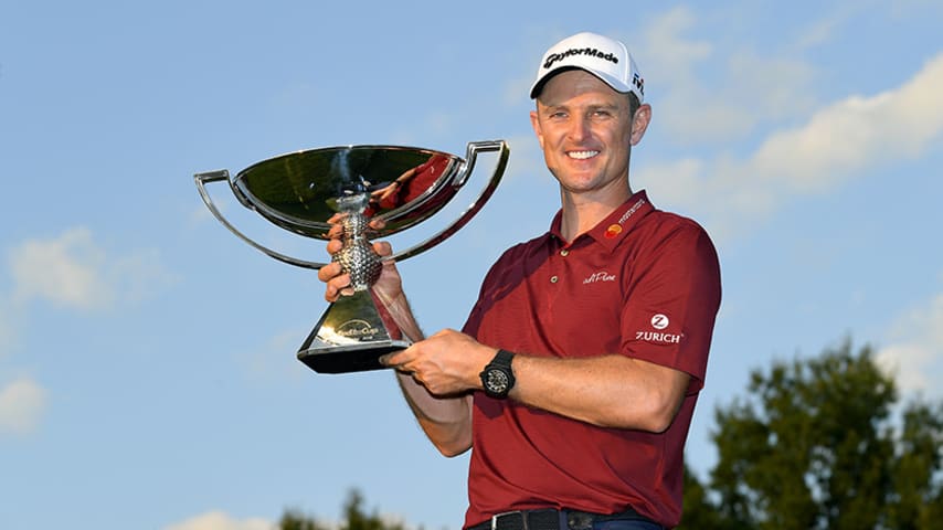 ATLANTA, GA - SEPTEMBER 23: Justin Rose of England poses with the FedExCup trophy after the final round of the TOUR Championship at East Lake Golf Club on September 23, 2018, in Atlanta, Georgia. (Photo by Stan Badz/PGA TOUR)