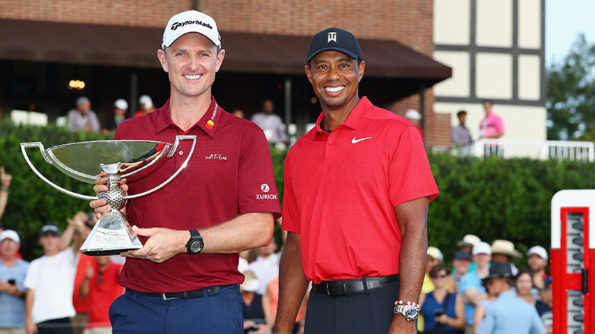 ATLANTA, GA - SEPTEMBER 23:  2018 FedEx Cup Champion Justin Rose of England (L) and TOUR Championship winner Tiger Woods of the United States (R) pose following the final round of the TOUR Championship at East Lake Golf Club on September 23, 2018 in Atlanta, Georgia.  (Photo by Kevin C. Cox/Getty Images)