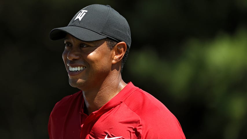 NORTON, MA - SEPTEMBER 03: Tiger Woods of the United States smiles on the third hole during the final round of the Dell Technologies Championship at TPC Boston on September 3, 2018 in Norton, Massachusetts. (Photo by Patrick Smith/Getty Images)