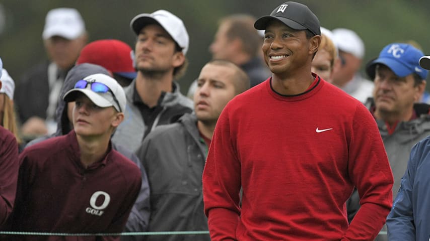 NEWTOWN SQUARE, PA - SEPTEMBER 10: Tiger Woods watches play on the first hole during the weather-delayed final round of the BMW Championship at Aronimink Golf Club on September 10, 2018 in Newtown Square, Pennsylvania. (Photo by Stan Badz/PGA TOUR)