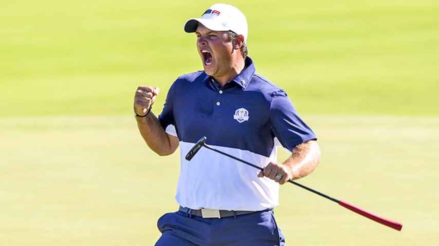 CHASKA, MN - OCTOBER 02:  Patrick Reed of Team USA celebrates his 1-up victory over Rory McIlroy of Team Europe on the 18th hole green during singles matches of the 2016 Ryder Cup at Hazeltine National Golf Club on October 2, 2016 in Chaska, Minnesota. (Photo by Keyur Khamar/PGA TOUR)