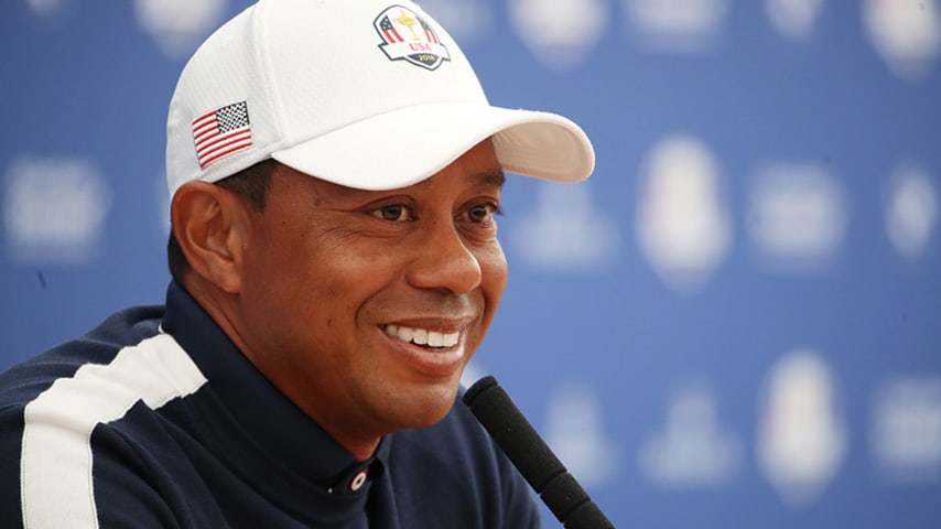 PARIS, FRANCE - SEPTEMBER 25:  Tiger Woods of the United States attends a press ocnference ahead of the 2018 Ryder Cup at Le Golf National on September 25, 2018 in Paris, France.  (Photo by Christian Petersen/Getty Images)