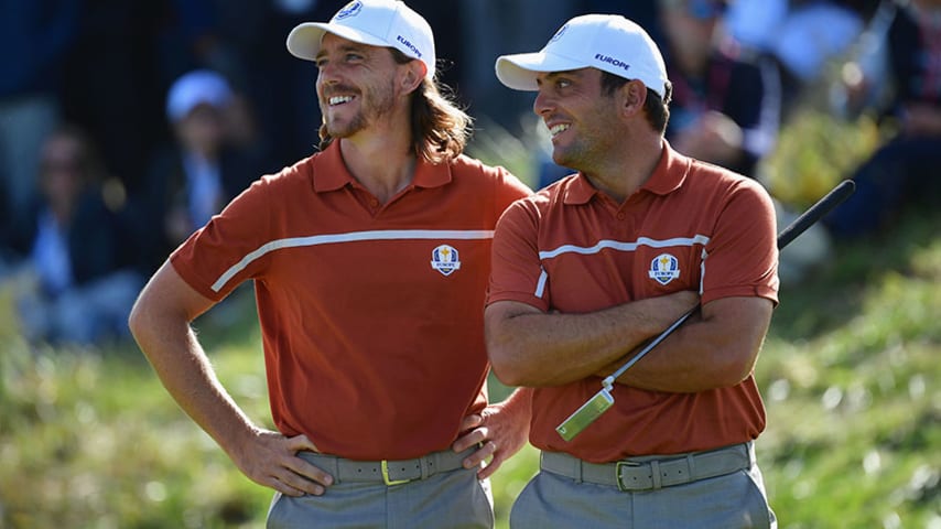 PARIS, FRANCE - SEPTEMBER 29:  Tommy Fleetwood of Europe and Francesco Molinari of Europe celebrate during the afternoon foursome matches of the 2018 Ryder Cup at Le Golf National on September 29, 2018 in Paris, France.  (Photo by Stuart Franklin/Getty Images)