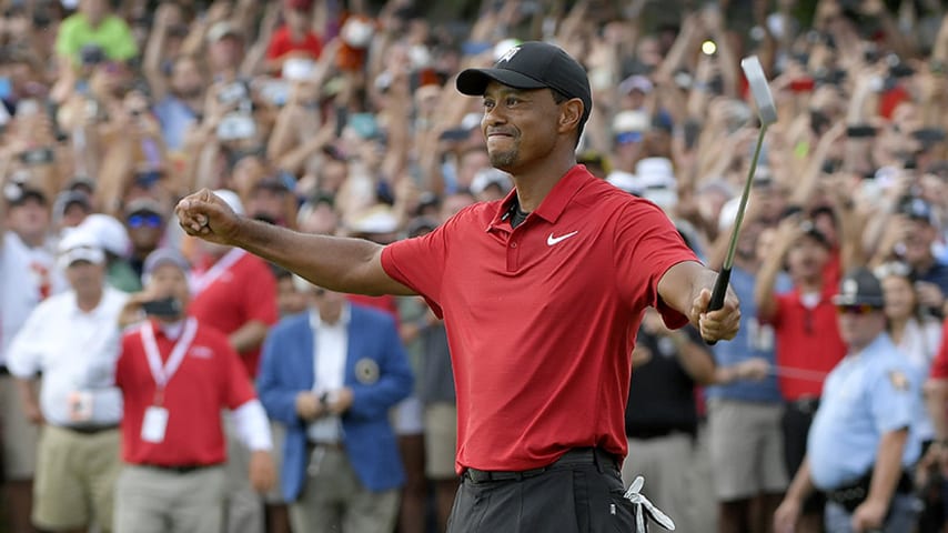 ATLANTA, GA - SEPTEMBER 23: Tiger Woods celebrates his win after the final round of the TOUR Championship at East Lake Golf Club on September 23, 2018, in Atlanta, Georgia. (Photo by Stan Badz/PGA TOUR)