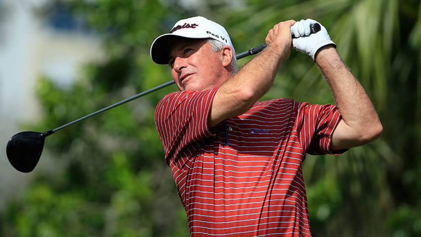 BOCA RATON, FL - FEBRUARY 06:  Curis Strange hits his drive on the 11th hole during the second round of the Allianz Championship held at The Old Course at Broken Sound on February 6, 2016 in Boca Raton, Florida.  (Photo by Michael Cohen/Getty Images)