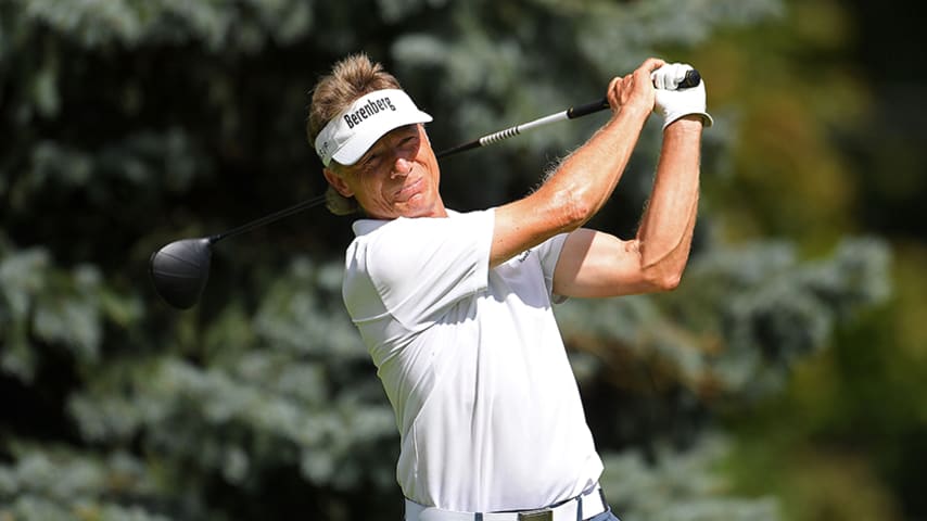 GRAND BLANC, MI - SEPTEMBER 16: Bernhard Langer of Germany hits his tee shot on the second hole during the final round of the Ally Challenge presented by McLaren at Warwick Hills Golf