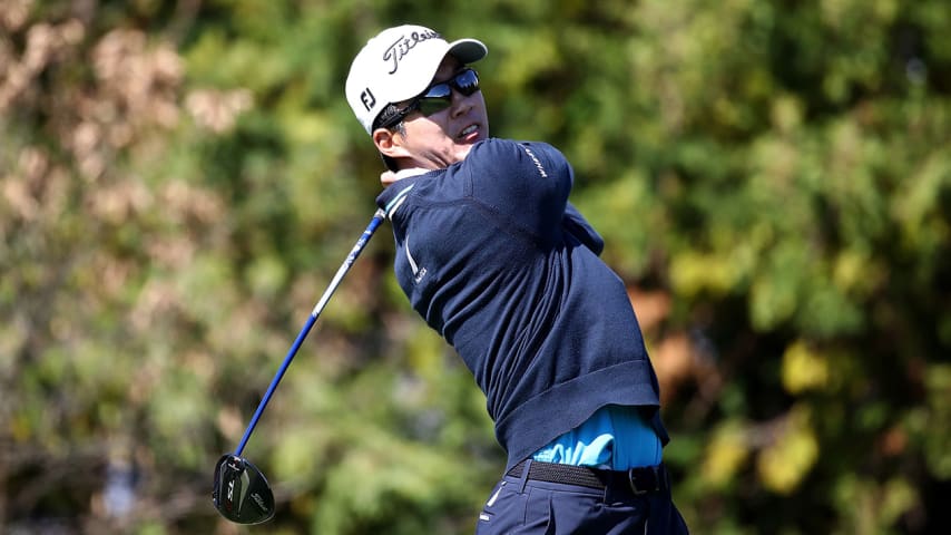 JEJU, SOUTH KOREA - OCTOBER 18:  Michael Kim of United States plays a tee shot on the 3rd hole during the first round of the CJ Cup at the Nine Bridges on October 18, 2018 in Jeju, South Korea.  (Photo by Chung Sung-Jun/Getty Images)