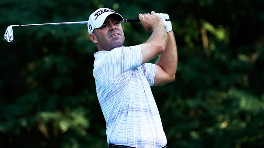 RIDGEWOOD, NJ - AUGUST 24:  Ryan Armour of the United States plays his shot from the second tee during the second round of The Northern Trust on August 24, 2018 at the Ridgewood Championship Course in Ridgewood, New Jersey.  (Photo by Cliff Hawkins/Getty Images)