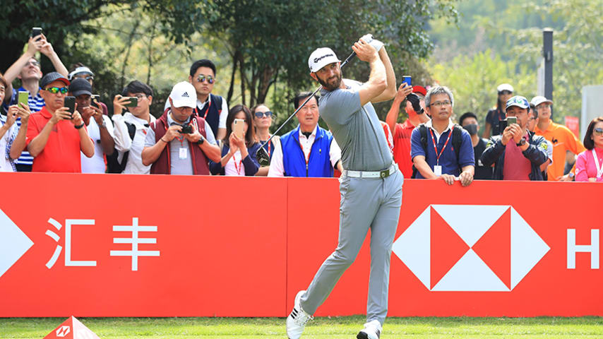 SHANGHAI, CHINA - OCTOBER 24: Dustin Johnson of the United States plays his shot from the first tee during the pro-am prior to the WGC - HSBC Champions at Sheshan International Golf Club on October 24, 2018 in Shanghai, China. (Photo by Andrew Redington/Getty Images)